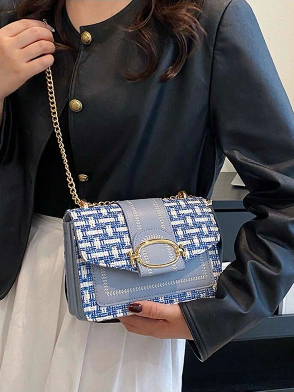 NWOT Mini Blue Tweed and Leather Crossbody Bag with Gold Chain
